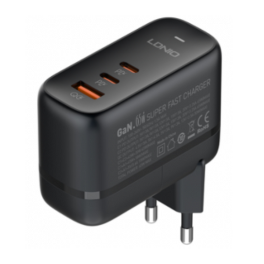 Cargador de Pared 65W GaN Carga Rápida 1USB A + 2USB C LDNIO